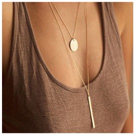 Andelaisi Boho Sequin Necklace Layered Metal Bar Pendant Necklace Vintage Long Necklaces Chain Coin Disc Necklace Jewelry for Women