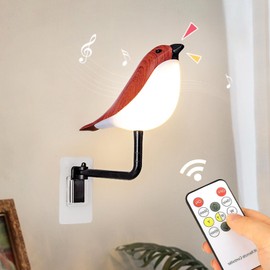 LIYAOLI Bird Night Lamp,Cordless Small Touch Lamp with 3 Color Temperature,Rechargeale Night Light with Remote Control,LED Dimmable 180 Degree Bedside Wall Lamp for Bedroom,Red Wood Grain