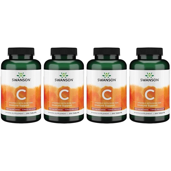 Swanson Timed-Release Vitamin C with Rose Hips Immune System Support Skin Cardiovascular Health Antioxidant Supplement 500 mg 250 Tablets (Tabs) (4 Pack)