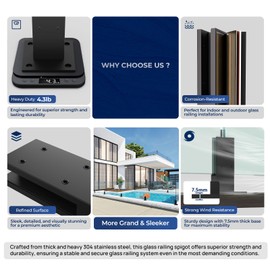 Double-Sided Glass Railing Spigot by LukLoy, Heavy Duty 4.3LB Wind-Resistant Glass Spigots SS304 Glass Railing System for Home Garden Stairs Balustrade Balcony(1 Pack, Black Middle Spigot)