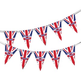 Queen Platinum Jubilee - Union Jack 2022 PLATINUM ANNIVERSARY - Full Flag Patriotic UK United Kingdom Themed Bunting Banner 15 Triangle flags National Royal decoration by PARTY DECOR