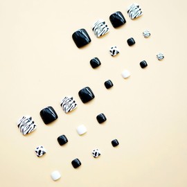 Black Press on Toenails Short Square Fake Toenails Black White Leopard Stick on Toenails Full Cover Foot False Nails Glue on Toenails Acrylic Nails for women Teens Girls Manicure 24PCS…