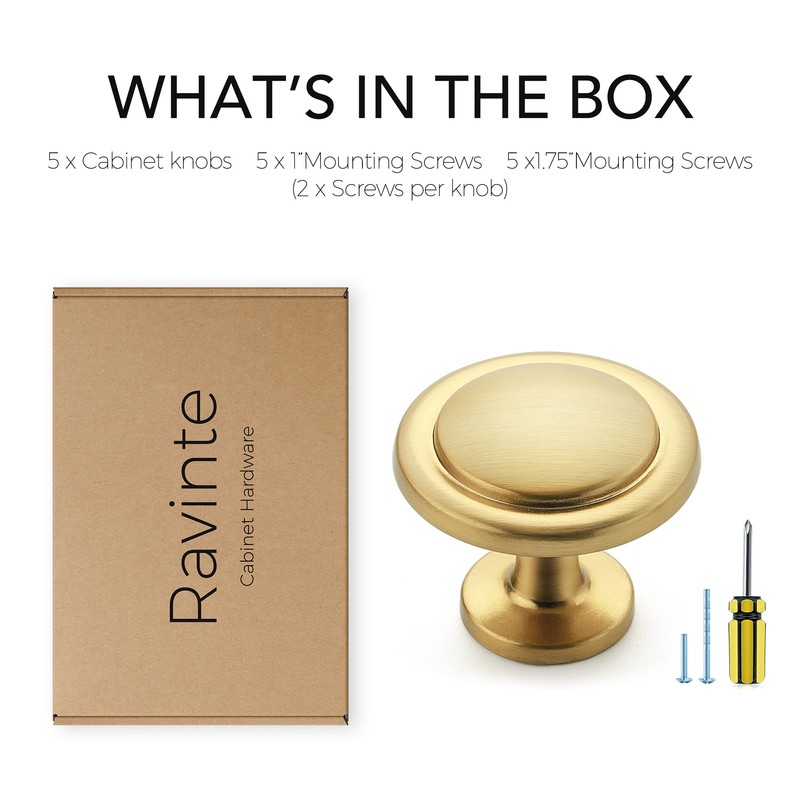 Ravinte 30 Pack 1-1/4" Cabinet Handles Brushed Brass Kitchen Knobs
