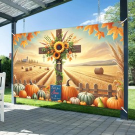 BlissYard Fall for Jesus Banner 71x43 Inch Christian Autumn Wall Decor Rustic Cross Pumpkin Sunflower Thanksgiving Religious Backdrop for Church Farmhouse Porch Harvest Decoration