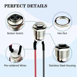 12PCS 12mm Momentary Metal Push Button Switch, 12V Power Waterproof Mini Round Push Button Switch with Pre-Wiring for Car Boat
