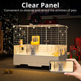 Oneluck Deluxe Rolling Bunny Hutch with Urine Guard,Small Rabbit Cage with Pull Out Tray,Clear Panel for Recording,Easy to Clean