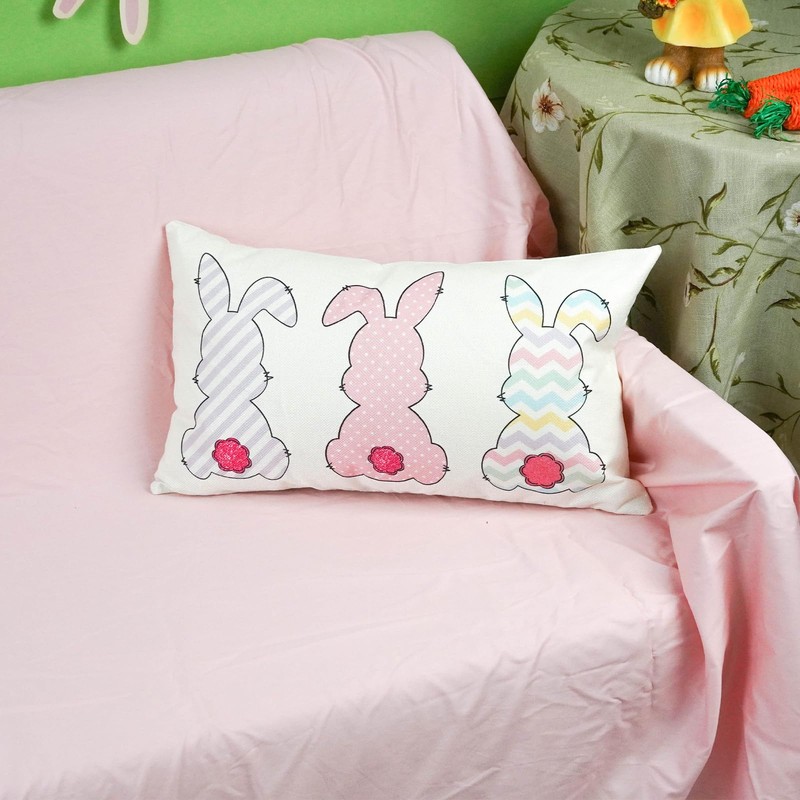 ONWAY Easter Bunny Throw Pillow Cover 12x20 Inch Stripes Pink