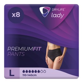 Drylife Lady Discreet Premium Fit Incontinence Pants for Bladder Weakness - Fast Absorption Core, Anti-Leak Barriers, Odour Control, Feminine Style for Women - Large (Pack of 8)