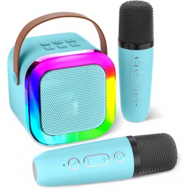 Mini Karaoke Machine Speaker for Kids Adults, Toys for Girls Boys Friends Age 3-12+, Birthday Gifts Portable Bluetooth Speaker with 2 Wireless Mics for 5 6 7 8 9 10 11 Years Teens Girl Boys (Blue)