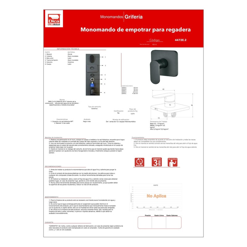 DICA 4472E.2 Llave Monomando para Empotrar para Regadera o Tina,
