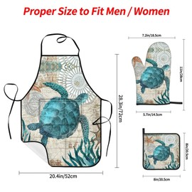 Sea Turtle Ocean Animal Landscape Oven Mitts and Pot Holders Sets with Apron 5Pcs Sea Turtle Kitchen Mitten Gloves and Non-Slip Potholders Apron Sets Oven Gloves Hot Holders for Baking