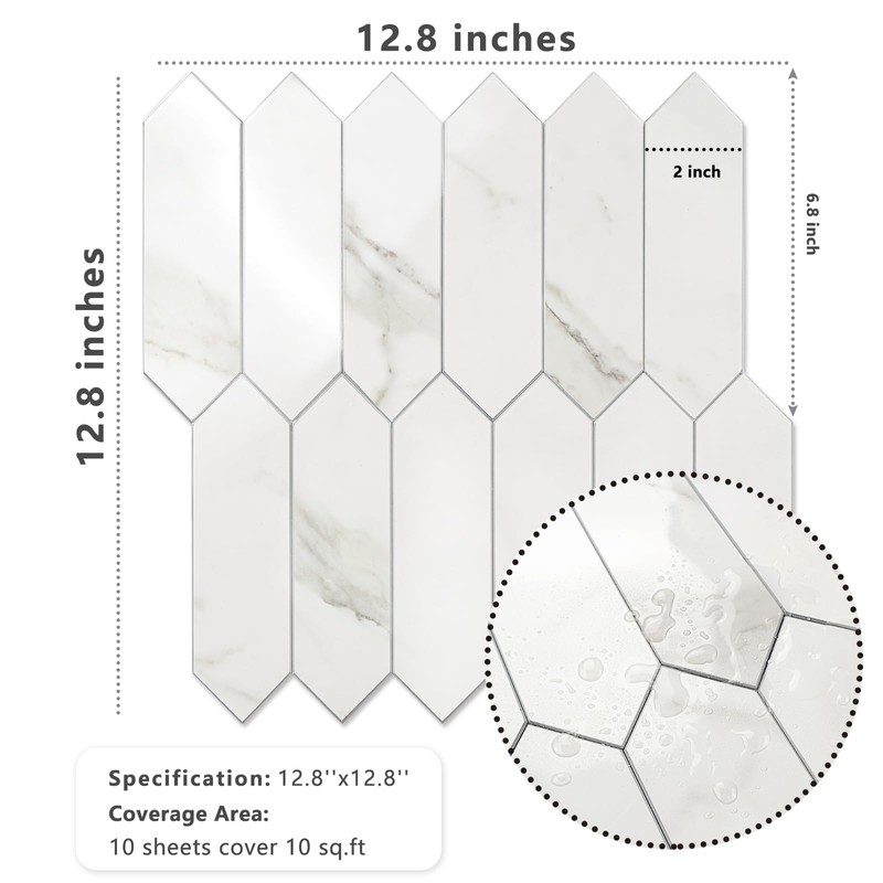 Vamos Tile Glossy White Marble Backsplash Tile Peel and Stick,