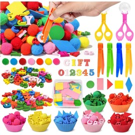 ZhowHoHo 270 Pcs Letters and Numbers Sensory Bin Fine Motor Toys Counting Sorting Sensory Bin Filler 100 Pcs Pompoms 100 Pcs Wooden Letters and Numbers 50 Geometric for Preschool Education Activities