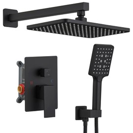 BWE Black Shower Faucet Set Rainfall Shower Combo System Square Rain Shower Head with Three-position Touch Adjustment Handheld Showerhead High Pressure Balance Shower Valve Kit for Bathroom