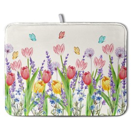 Spring Floral Dish Drying Mat for Kitchen Counter Tulip Lavender Flower Dishes Pad Absorbent Microfiber Dish Draining Mat Washable Dish Drainer Rack Mats Extra Large 18"x24"