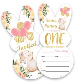 LyoGao Bunny 1st Birthday Party Bunny Shaped Invitations - Some Bunny Is Turning One Floral Bunny Theme First Birthday Party Fill in Invites Cards with Envelopes (Set of 20)