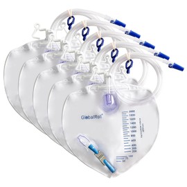Bolsa de drenaje urinario con cámara antirreflujo, bolsa de drenaje de cabecera de 67.6 fl oz con tubo de drenaje de 48 pulgadas, gancho y clips, bolsa de orina con hebilla de metal para el hogar y hospitales, paquete de 5