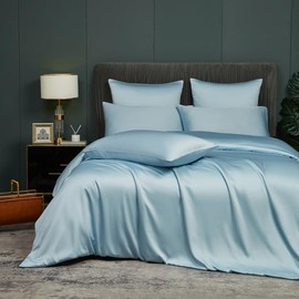 Bamboo Bed Linen Blue Light Blue 135 x 200 cm Smooth Luxury Summer Bed Linen Breathable Cooling 100% Natural Bamboo Bedding Set Single Bed Duvet Cover with Zip and 1 Pillowcase 80 x 80 cm