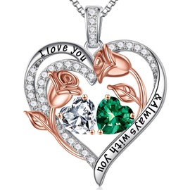 Iefil Mothers Day Gifts for Wife Women, Rose Heart Birthstone Necklace Birthday Anniversary Valentines Day Gifts for Her Wife Mom April May Birthstone Necklace Topaz Emerald Jewelry