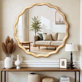 Round Mirrors for Wall Decor, 24 Inch Solid Wood Framed Circle Wavy Squiggle Wall Mirrors Decorative for Living Room Farmhouse Bedroom Hallway Bathroom Over Desk Boho Style Decor