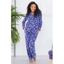Alexander Del Rossa Women's Soft Warm Fleece Pajamas Plush Lounge Set, Long Sleeve Top and Pants, PJ Royal Snowflakes Large (A0324Q57LG)