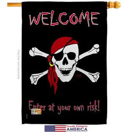 Breeze Decor Pirate Enter at Your own Risk Garden House Flags Kit Coastal Ship Skull Treasure Map Carribean Jolly Blackbeard Jack Small Decorative Gift Yard Banner Made in USA 28 X 40