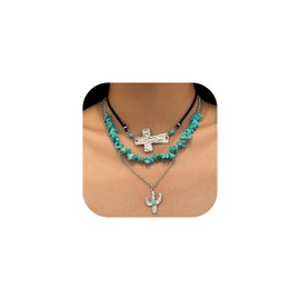 CSIYANJRY99 Layered Western Necklaces for Women Vintage Turquoise Beaded Western Jewelry for Women Ox-head Cactus Cross Chain Necklaces Country Concert Cowgirl Dresses Accessories (06)