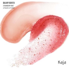 Kaja Bálsamo labial y exfoliante - Balmy Bento Acabado coral, hidrata, exfolia, suaviza los labios, tamaño de viaje compacto, rosa fresa, 0.4 onzas