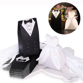 Cisixin 100Pcs Tuxedo Dress Groom Bridal Wedding Party Favor Boxes Ribbon Box Candy Gift (50 Bride & 50 Groom)