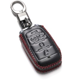 Vitodeco Genuine Leather Smart Key Fob Case Cover Protector Compatible with RAM 1500, RAM 2500, RAM 3500 2019-2025 (5-Button with Tailgate, Black/Red)