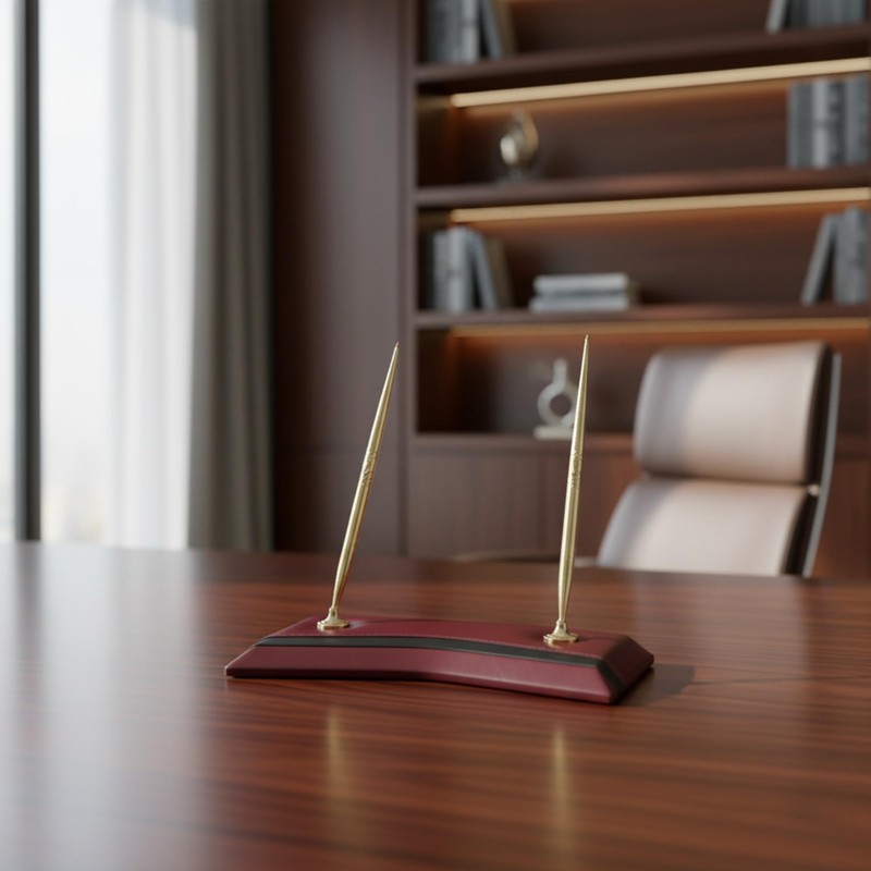 Dacasso Burgundy Leather Gold Trim Double Pen Stand