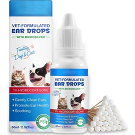 Ear Drops for Cats & Dogs-Clean Pet Earwax-Mild and Effective-Dog Yeast Soothing Cleansing-60ml-30 Cotton Swabs