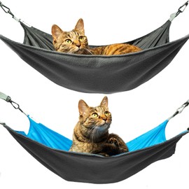 QIPAN 2 Pieces Cat Hammock Hunging for Cage,Reversible Washable Soft Outdoor Cat Mat,Waterproof Cooling Kittens Pad with Adjustable Webbing for Cats (Large, BlackBlue)