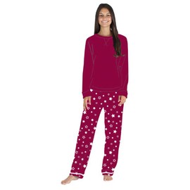 PajamaMania Women's Fleece Long Sleeve Pajama PJ Set, Cranberry Star, Medium