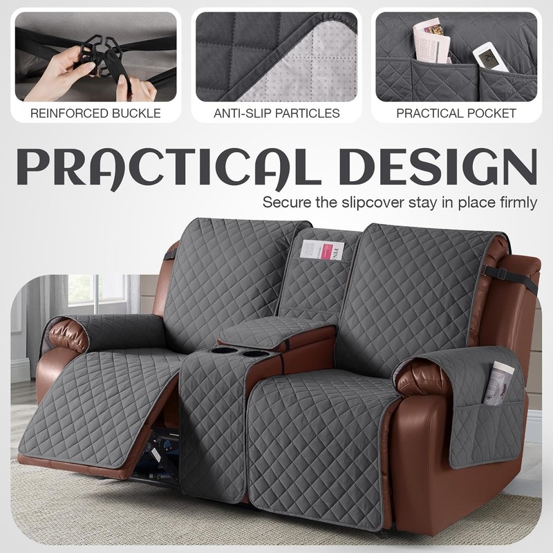 KinCam 100% Waterproof Recliner Loveseat Cover with Console, Non-Slip Reclining