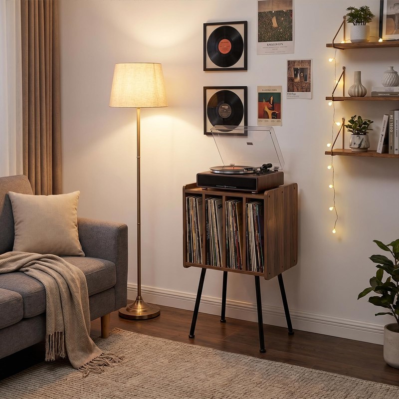 Record Player Stand with 4 Cabinets, Walnut