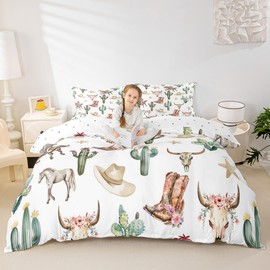 Feelyou Western Aztec Comforter Set for Kids Boys Girls Horse Duvet Quilt King Size Tribal Cowboy Boots Wild Bull Skull Cactus Bedding Set Bedroom Decor Breathable Soft Lightweight Microfiber 3Pcs