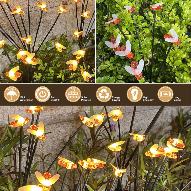 2 Sets Solar Garden Bee Lights IP65 Waterproof 8LEDs Solar