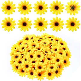 MBAIYO Mini Artificial Yellow Sunflower Heads, 100Pcs Sunflowers for Crafts Fabric Daisy Decorative 1.7in Small Fake Petals for Wedding Party Decor DIY Craft Home Bride Holding Flower Wreaths