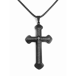 Cross Necklace with the Lord's Prayer Inscription, Christian Jewelry, Crucifix, Made with Stainless Steel, Black Color (Black)
