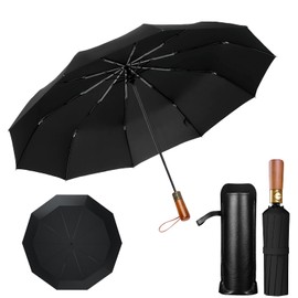 British Men's Umbrella, 10 Ribs, Natural Wood Handle (Beautiful Wood Grain), Folding Umbrella, One-Touch Automatic Opening/Closing Type, For Both Sunny and Rainy Weather, Wind Resistant Design, For