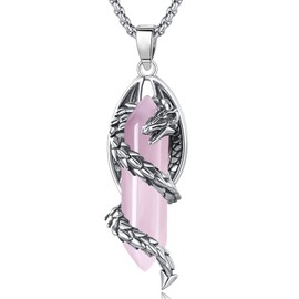 Vito Dragon Pendant Necklace for Women, Rose Quartz Hexagonal Prism Healing Crystal Energy Amulet Jewelry Mother's Day Gift for Mom Wife, Stainless Steel Box Chain 20" Plus 2" Extender+24" Cord
