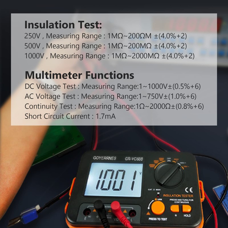 Insulation Resistance Tester Digital Ohm Meter Megohmmeter GR-VC60B+ DCV Megohm