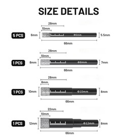 Leogony 8 Pcs Tile Drill Bit, Diamond Bits with Wax Core for Cool Heat Dissipation (8mm 10mm 12mm 5 x 6mm)