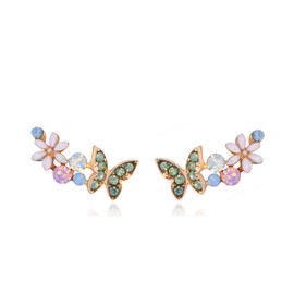 Quke 925 Sterling Silver Clear AB Austrian Crystal Golden Butterfly Ear Clips for Women and Girls