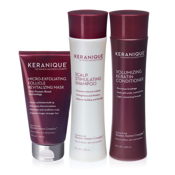 Keranique 60 Day Hair & Scalp Mask Kit | Shampoo, Conditioner and Follicle Revitalizing Mask | Keratin Amino Complex | Free of Sulfates, Dyes, and Parabens | Strengthens and Fortifies Thinning Hair