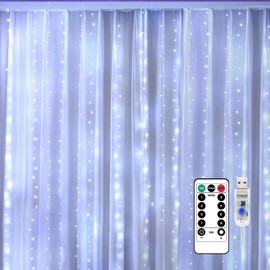 2025 New Fairy Curtain Lights for Bedroom 300LED, Christmas String Lights USB Plug in 8 Modes Wall Hanging Twinkle with Remote for Wedding Party Backdrop Decor White (9.8x9.8FT)
