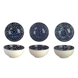 10 Strawberry Street Embossed Shibori Pad Print 6.5" Cereal Bowls, Set of 6, Blue/White