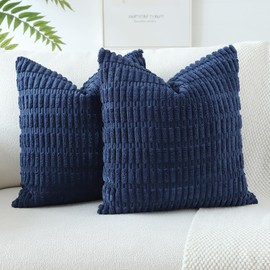 JOTOM Pack of 2 Corduroy Soft Striped Cushion Covers 40x40 cm 16x16 Inch Boho Decorative Throw Pillow Covers Square Cushion Case Home Decor Pillow Cases for Couch Sofa Living Room Bed (Navy Blue)