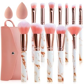 Marble Makeup Brushes Set 12 PCS with 2 Blending Sponges & Travel Pouch - Professional Pink Makeup Brush Kit Cruelty-Free Synthetic Brushes for Foundation Concealer Eyeshadow Blush